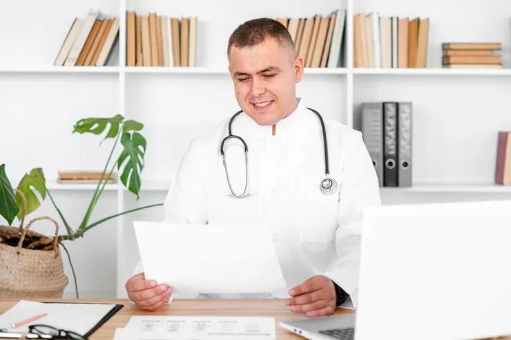 Médico analisando documentos tributários com contador especializado