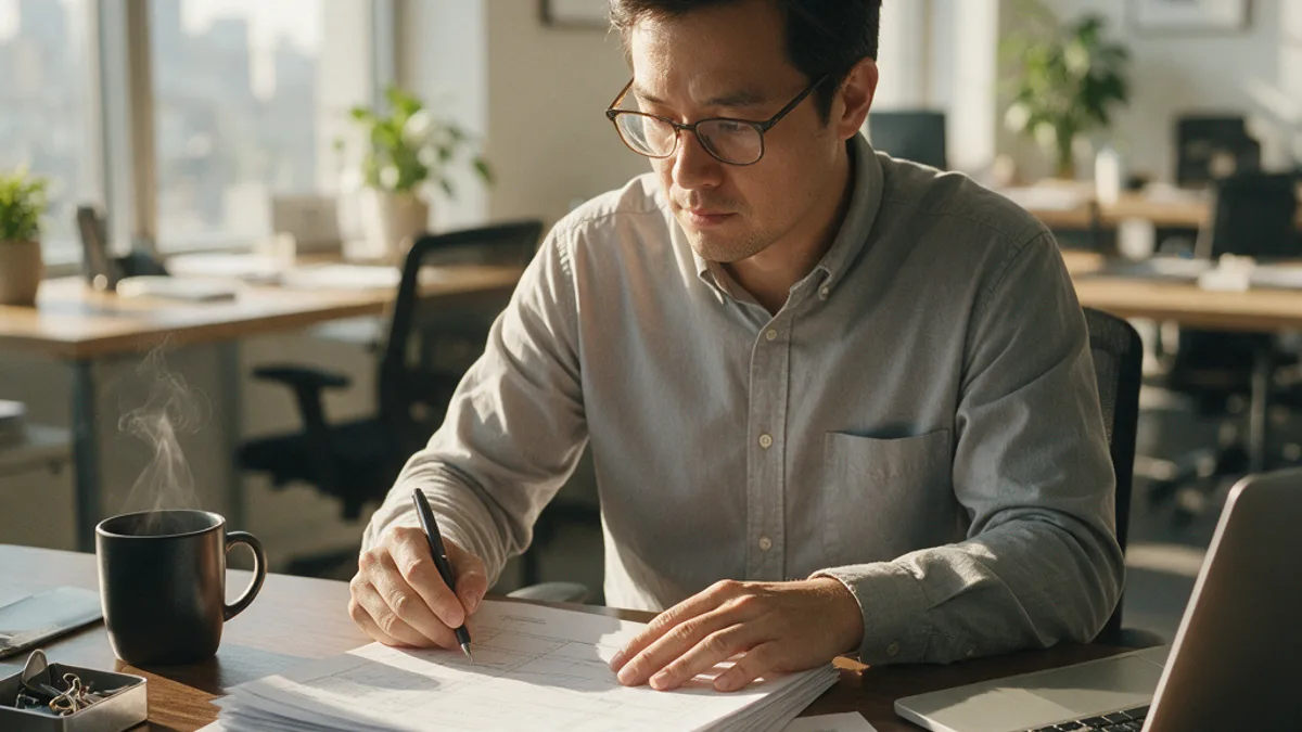 Contador analisando demonstrações contábeis impressas sobre a mesa
