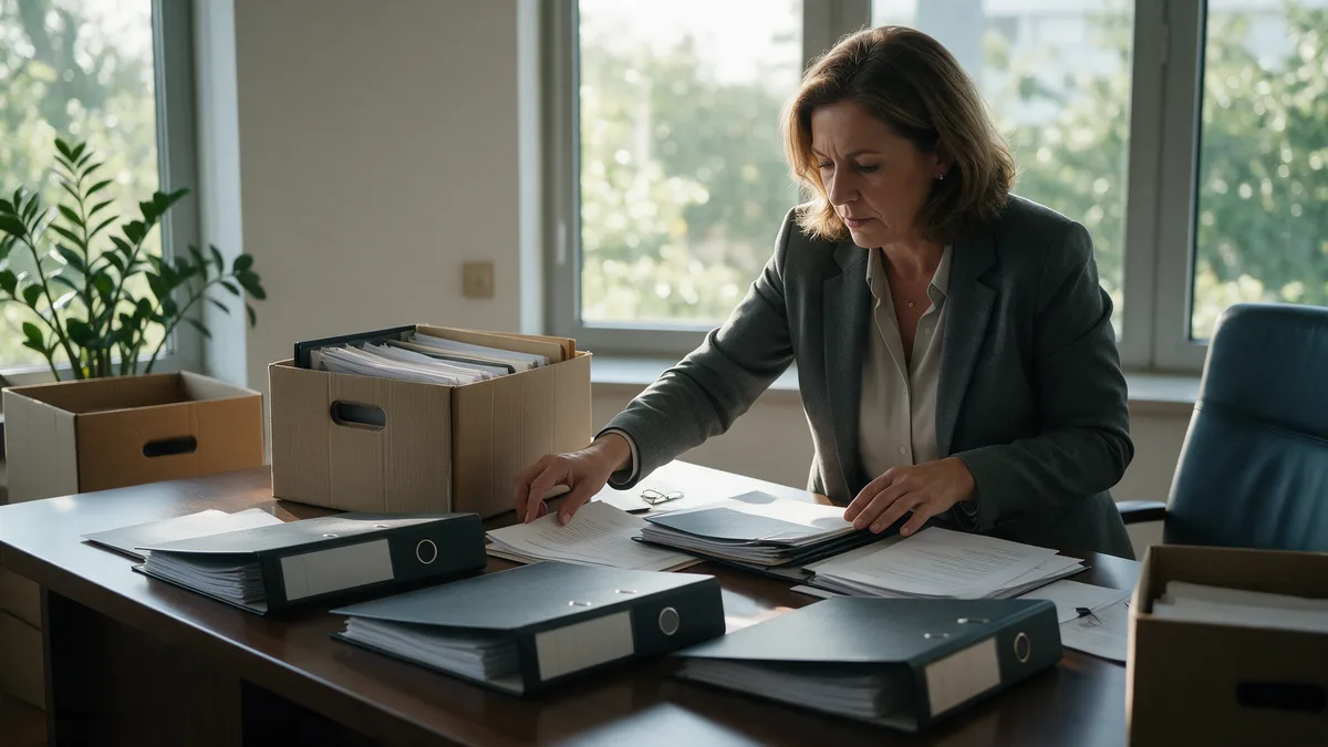 Empresária organiza documentos e contratos sobre a mesa para encerrar o CNPJ