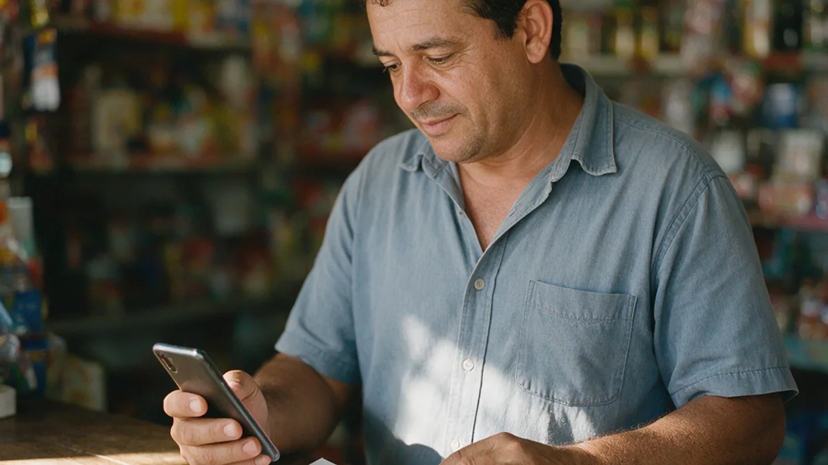 Pequeno empreendedor conferindo o faturamento do ano no celular dentro da loja